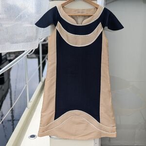 Tsumori Chisato | Cap Sleeve Shift Dress Tan Blue Ivory Geometric Small/4
